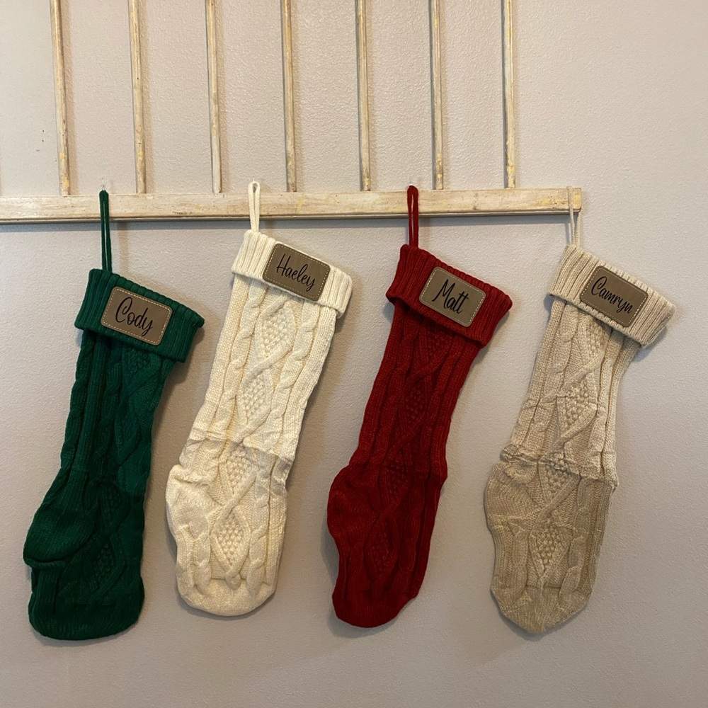 Festive Knit Christmas Stockings with personalized lasered name
